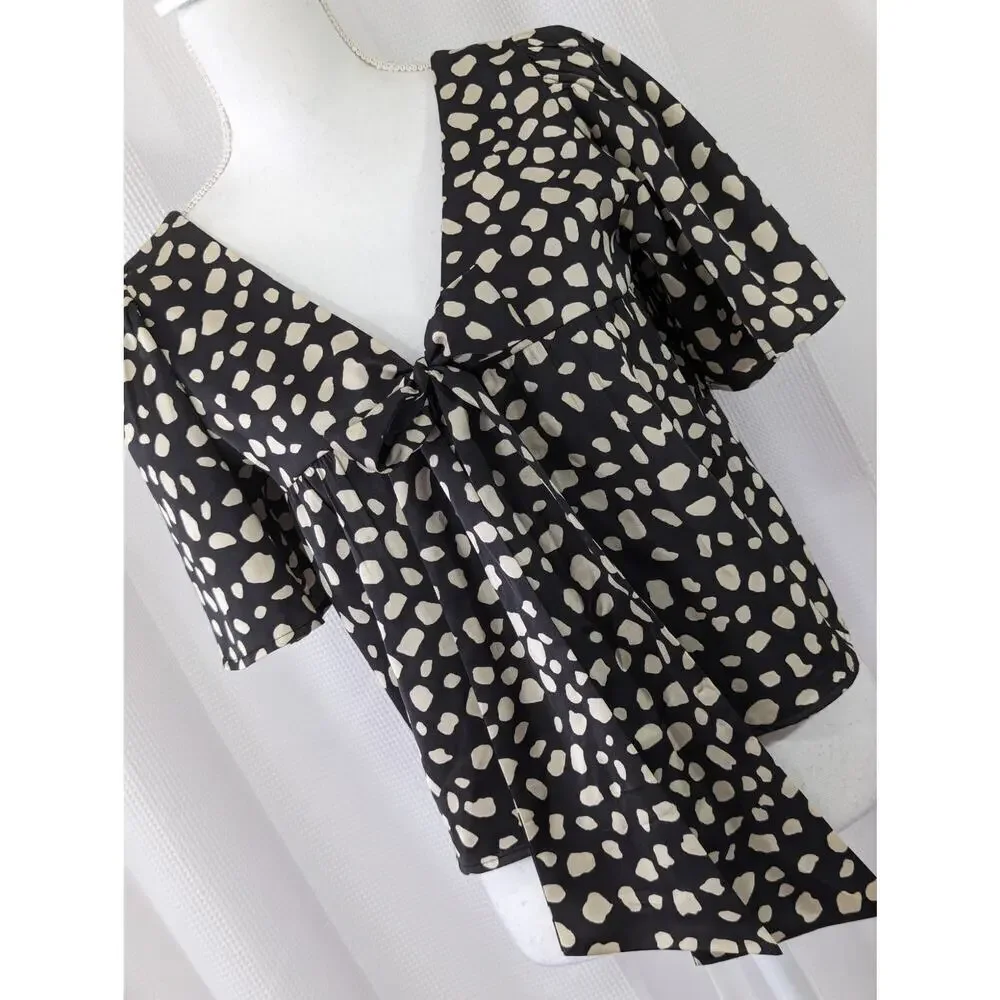 LOFT! BLACK, TAN SATINY PUFF SLEEVE, BOW BACK SPECKLED TOP, BLOUSE, SHIRT! SZ XS